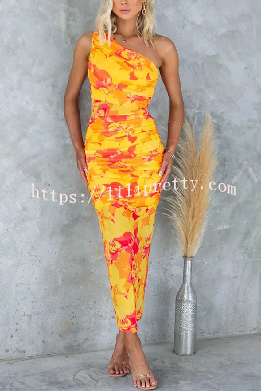 Night Blooms Mesh Overlay Printed One Shoulder Ruched Stretch Maxi Dress Fashionable High-Waist Maxi Dress Night Blooms Mesh Overlay Printed One Shoulder Ruched Stretch Maxi Dress Fashionable High-Waist Maxi Dress