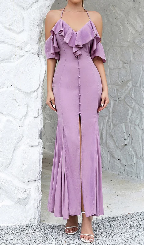 OFF-THE-SHOULDER PLEATED SLIT RUFFLED MAXI DRESS Trendy Satin Maxi Dress