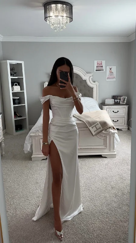 OFF WHITE SATIN OFF SHOULDER MAXI DRESS Cozy Open-Back Maxi Dress