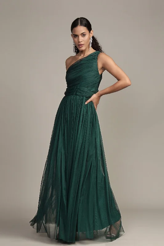 One Shoulder Maxi Dress in Emerald Green Fashionable Chiffon Maxi Dress