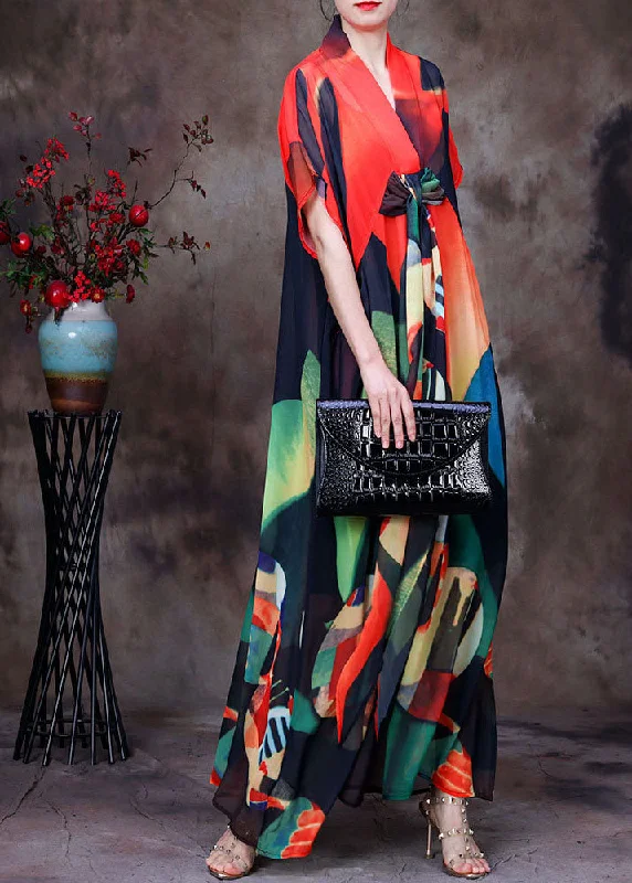 Orange Print Chiffon Maxi Dresses Asymmetrical Exra Large Hem Short Sleeve Chic Summer Maxi Dress