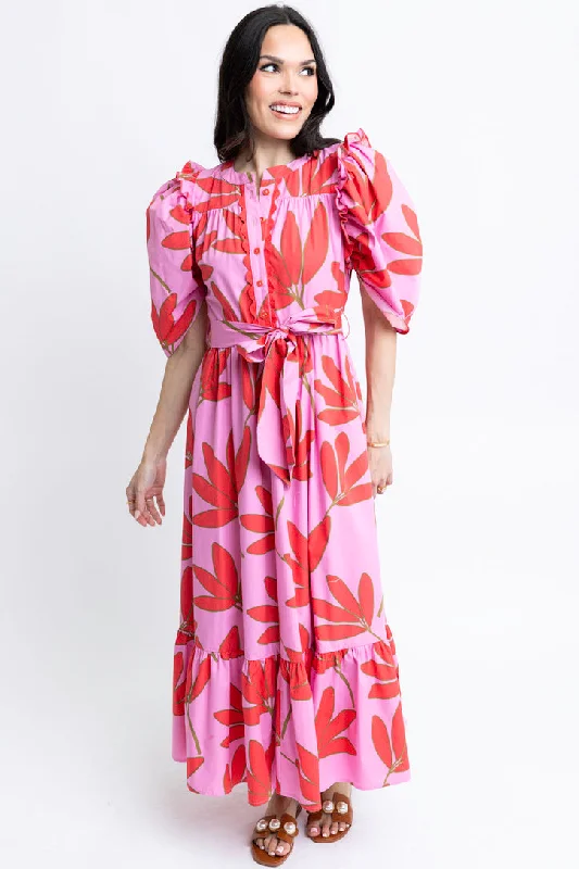 Satin Palm Floral Tie Waist Maxi Dress Trendy V-Neck Maxi Dress