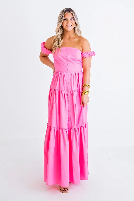 Pink Poplin Tier Maxi Dress Fashionable Off-Shoulder Maxi Dress