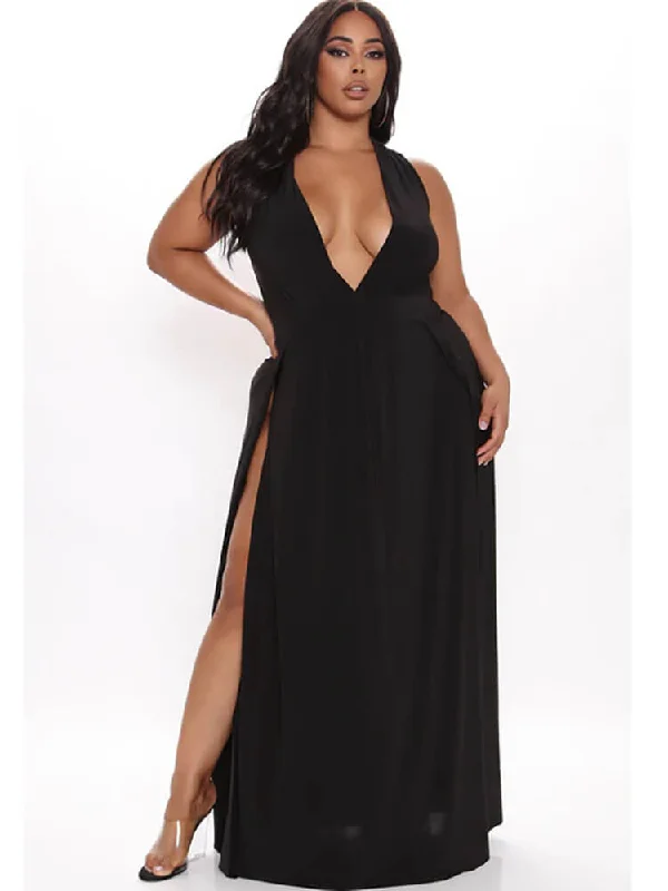 Plus Size V Neck Sleeveless Slit Maxi Dresses Cozy Ribbed Maxi Dress
