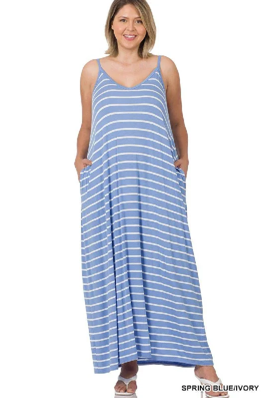 PLUS STRIPE CAMI MAXI DRESS WITH POCKETS Classic A-Line Maxi Dress