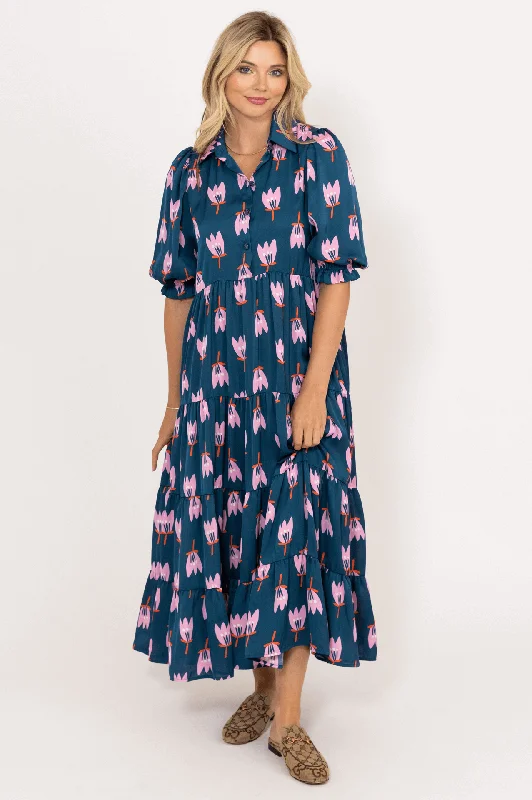 Poppy Satin Tier Maxi Dress Stylish Button-Up Maxi Dress