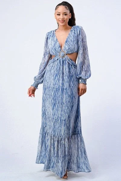Printed V Neck Self Belted Side Cut Out Ruffled Maxi Dress in Blue Comfortable Fitted Maxi Dress Printed V Neck Self Belted Side Cut Out Ruffled Maxi Dress in Blue Comfortable Fitted Maxi Dress