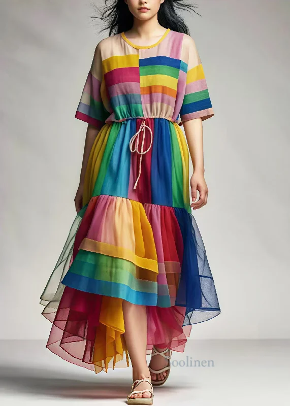 Rainbow Patchwork Tulle Maxi Dresses Exra Large Hem Summer Comfortable Long-Sleeve Maxi Dress