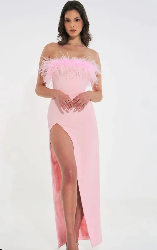 RAQUEL PINK FEATHER HIGH SLIT MAXI DRESS Chic Summer Maxi Dress