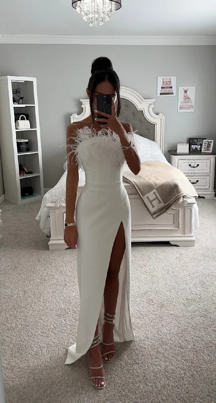 RAQUEL WHITE FEATHER HIGH SLIT MAXI DRESS Cozy Wrap Maxi Dress