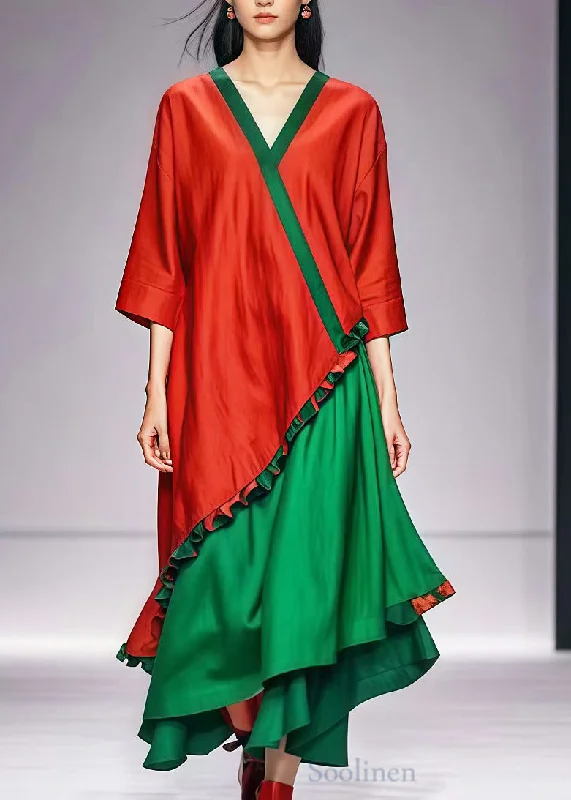 Red Patchwork Cotton Maxi Dresses Oversized Ruffled Summer Stylish Maxi Dress with Frills Red Patchwork Cotton Maxi Dresses Oversized Ruffled Summer Stylish Maxi Dress with Frills