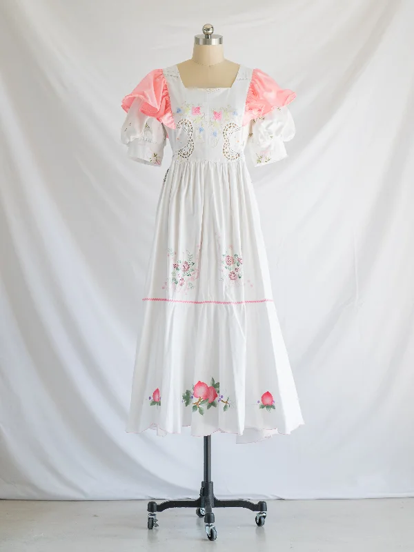 Re-design Upcycled Square Neck Peach Ruffles White Maxi Dress Elegant Tiered Maxi Dress Re-design Upcycled Square Neck Peach Ruffles White Maxi Dress Elegant Tiered Maxi Dress