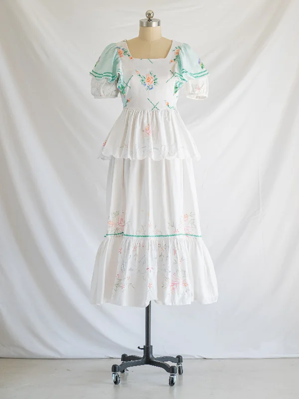 Re-design Upcycled Cross Stitch Green Ruffle White Maxi Dress Comfortable Satin Maxi Dress Re-design Upcycled Cross Stitch Green Ruffle White Maxi Dress Comfortable Satin Maxi Dress