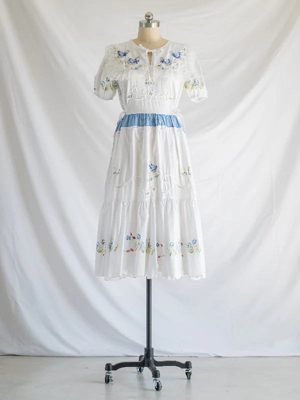Re-design Upcycled Duck Swan Embroidery White Maxi Dress Stylish Longline Maxi Dress Re-design Upcycled Duck Swan Embroidery White Maxi Dress Stylish Longline Maxi Dress
