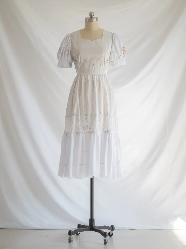 Re-design Upcycled Serene Floral White Maxi Dress Trendy Short Sleeve Maxi Dress