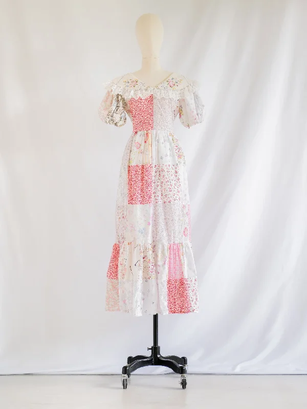 Re-design Upcycled Flap Collared Pink and White Maxi Dress Elegant Boho Maxi Dress