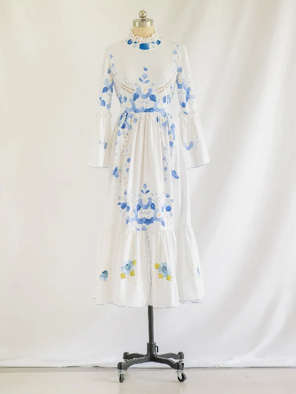 Re-design Upcycled Ruffle Neck Blue Floral Embroidery Maxi Dress Classic V-Neck Maxi Dress Re-design Upcycled Ruffle Neck Blue Floral Embroidery Maxi Dress Classic V-Neck Maxi Dress