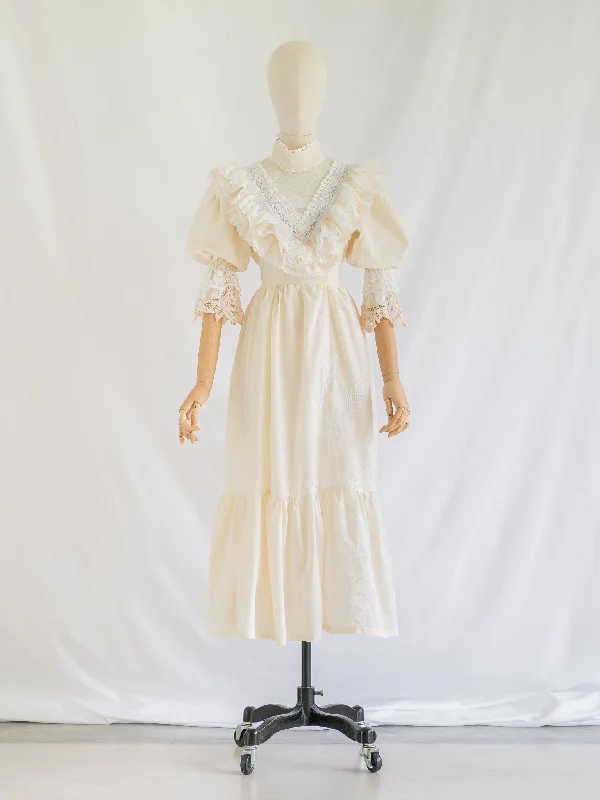 Re-design Upcycled Lace Detailed Cream Cotton Maxi Dress Cozy Wrap Maxi Dress