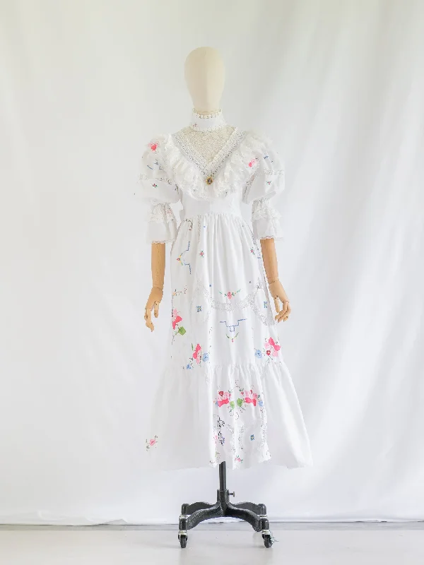 Re-design Upcycled Rose Embroidered White Maxi Dress Elegant Velvet Maxi Dress