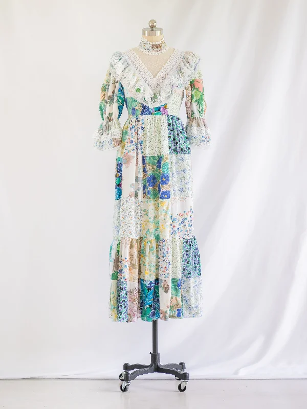 Re-design Upcycled Cotton White Botanical Patch Maxi Dress Stylish Maxi Dress with Frills Re-design Upcycled Cotton White Botanical Patch Maxi Dress Stylish Maxi Dress with Frills