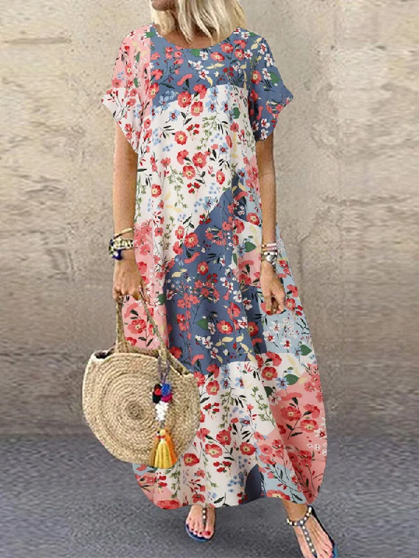 Retro O-neck Multicolor Floral Print Short Sleeve Loose Holiday Baggy Pocket Women Maxi Dress Stylish Maxi Dress with Frills Retro O-neck Multicolor Floral Print Short Sleeve Loose Holiday Baggy Pocket Women Maxi Dress Stylish Maxi Dress with Frills