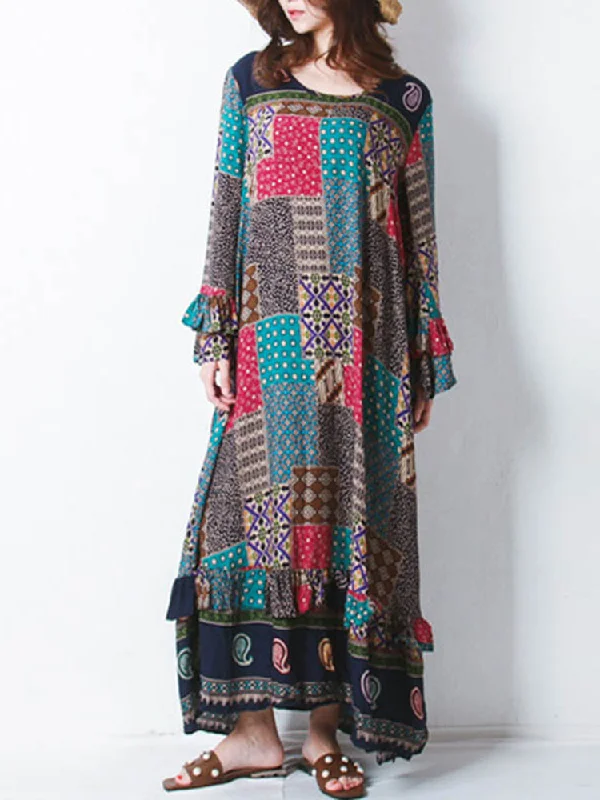 Retro Women Random Printed Patchwork Bohemian Maxi Dress Comfortable Fitted Maxi Dress Retro Women Random Printed Patchwork Bohemian Maxi Dress Comfortable Fitted Maxi Dress