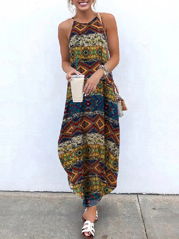 S-5xl Casual Print Sleeveless Strap Women Maxi Dress Trendy Maxi Dress with Belt