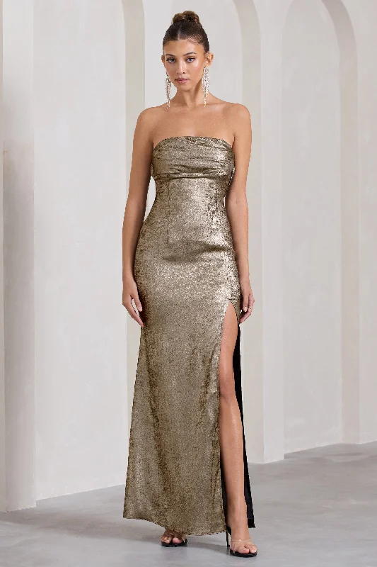 Showstopper | Gold Metallic Strapless Open-Back Split Maxi Dress Elegant Maxi Dress with Belt Showstopper | Gold Metallic Strapless Open-Back Split Maxi Dress Elegant Maxi Dress with Belt