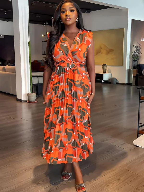 Sleeveless Printed Pleated Bodycon Maxi Dresses Trendy Maxi Dress with Straps