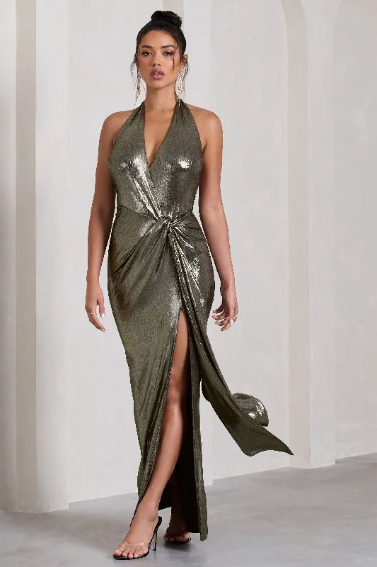 Tabloid Talk | Gold Metallic Plunge Halter-Neck Maxi Dress With Twisted Drape Stylish Long Sleeve Maxi Dress Tabloid Talk | Gold Metallic Plunge Halter-Neck Maxi Dress With Twisted Drape Stylish Long Sleeve Maxi Dress