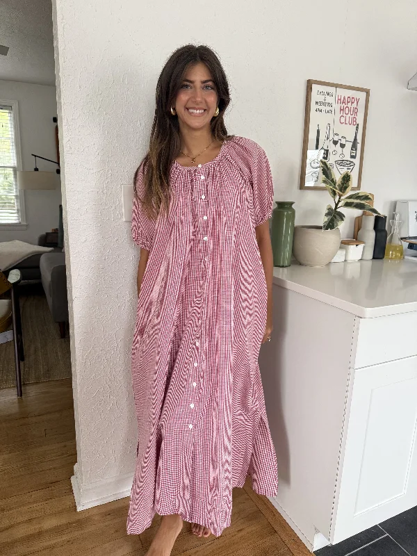 Things Between Gracie Red Gingham Puff Sleeve Maxi Dress Trendy Ruffled Maxi Dress