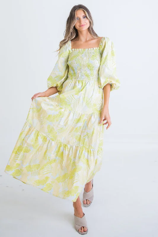 Tropical Leaf Smock Maxi Dress Elegant Sleeveless Maxi Dress