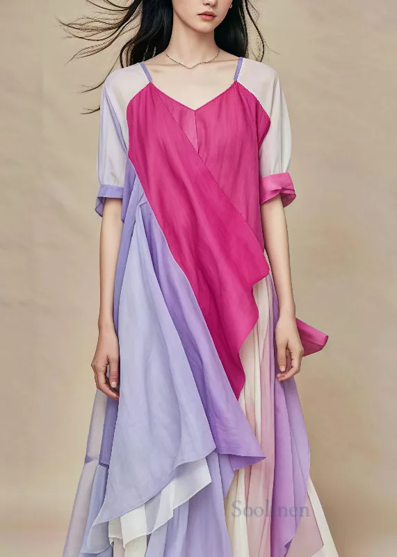 Unique Rose Asymmetrical Patchwork Cotton Maxi Dresses Summer Comfortable Maxi Dress with Slits Unique Rose Asymmetrical Patchwork Cotton Maxi Dresses Summer Comfortable Maxi Dress with Slits