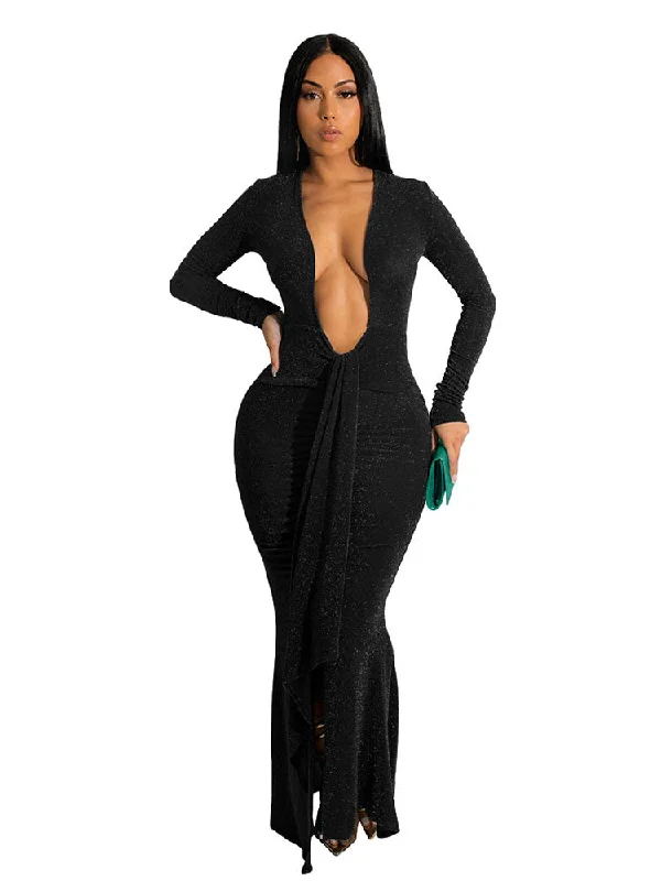 V Neck Glitter Bodycon Maxi Dresses Trendy Maxi Dress with Belt