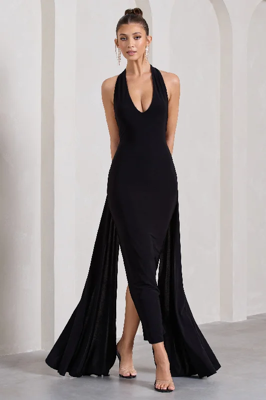 Veronica | Black Plunge Sleeveless Open-Back Maxi Dress With Drape Detail Stylish Button-Up Maxi Dress Veronica | Black Plunge Sleeveless Open-Back Maxi Dress With Drape Detail Stylish Button-Up Maxi Dress