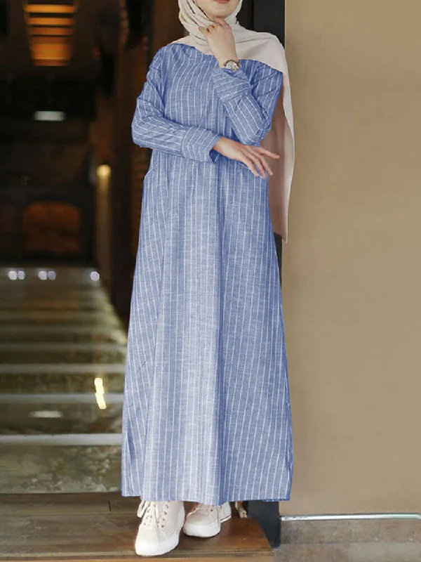 Vertical Stripe Cotton Long Sleeve Casual Kaftan Pockets Women Maxi Dress Fashionable Halter Neck Maxi Dress Vertical Stripe Cotton Long Sleeve Casual Kaftan Pockets Women Maxi Dress Fashionable Halter Neck Maxi Dress