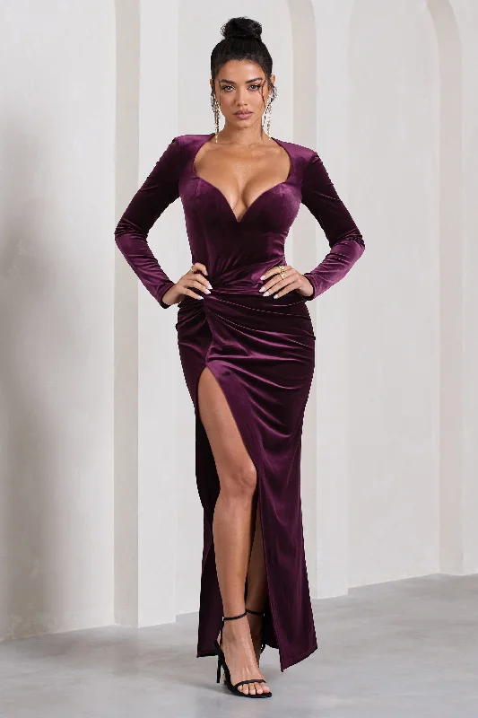 Vin Chaud | Dark Purple Velvet Long-Sleeved Split Maxi Dress Trendy Short Sleeve Maxi Dress Vin Chaud | Dark Purple Velvet Long-Sleeved Split Maxi Dress Trendy Short Sleeve Maxi Dress