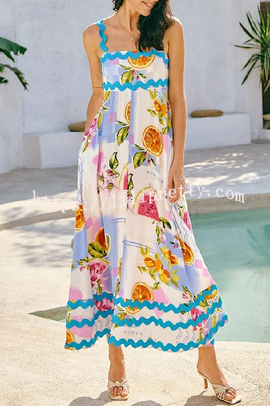 Vivi Fruit Floral Print Wave Pocket Maxi Dress Comfortable Long-Sleeve Maxi Dress