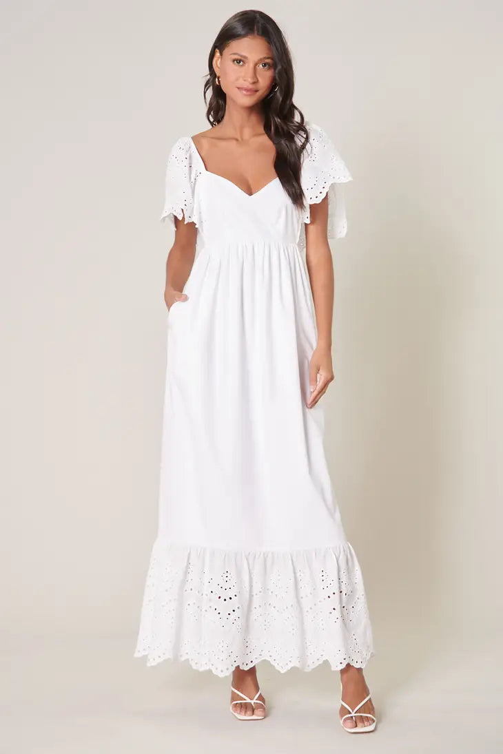 WHITE EYELET DETAIL POPLIN MAXI DRESS Stylish Off-Shoulder Maxi Dress