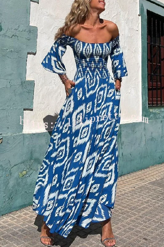 Lilipretty® Close To The Vacation Ethnic Print Smocked Off Shoulder Pocketed Maxi Dress Cozy Longline Maxi Dress Lilipretty® Close To The Vacation Ethnic Print Smocked Off Shoulder Pocketed Maxi Dress Cozy Longline Maxi Dress