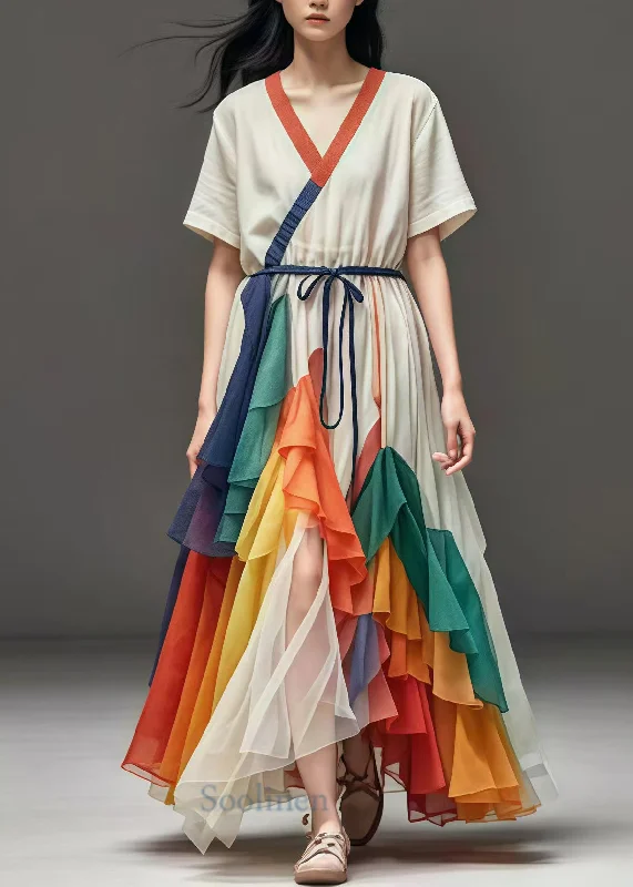 Women White Cinched Patchwork Tulle Maxi Dresses Summer Trendy Fit-and-Flare Maxi Dress