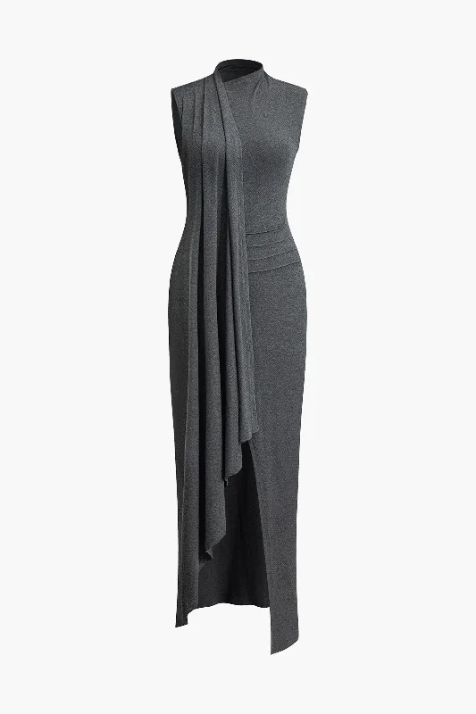 Wrap Slit Mock Charming Neck Sleeveless Maxi Dress Classic Tulle Maxi Dress