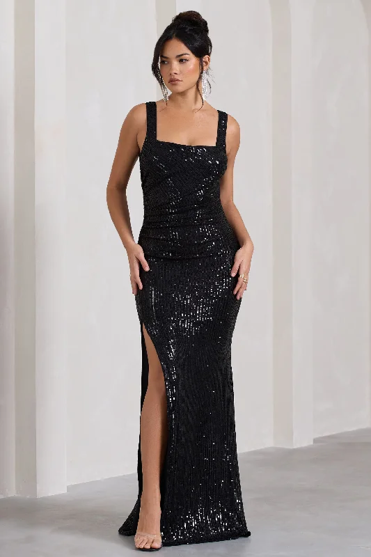 Yvonne | Black Sequin Open-Back Bodycon Maxi Dress Casual Maxi Dress with Pockets