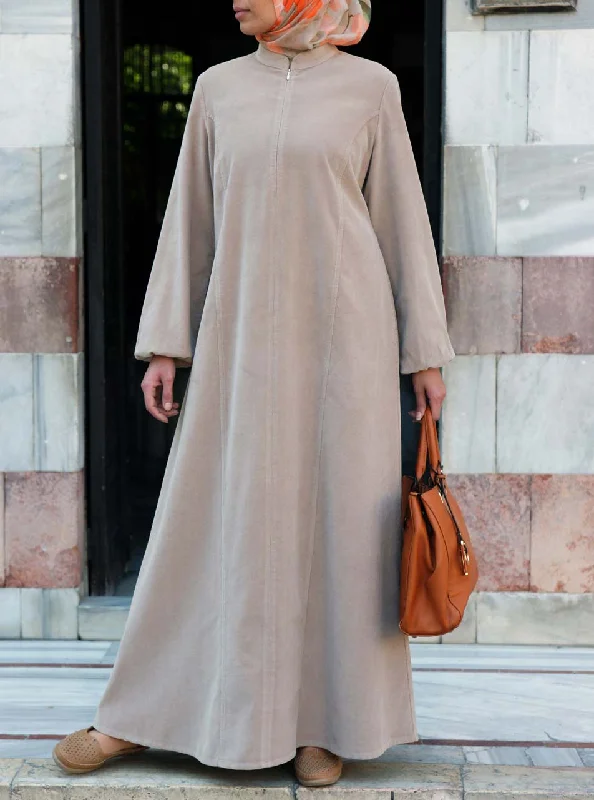Zipped Neckline Corduroy Maxi Dress Stylish Long Sleeve Maxi Dress