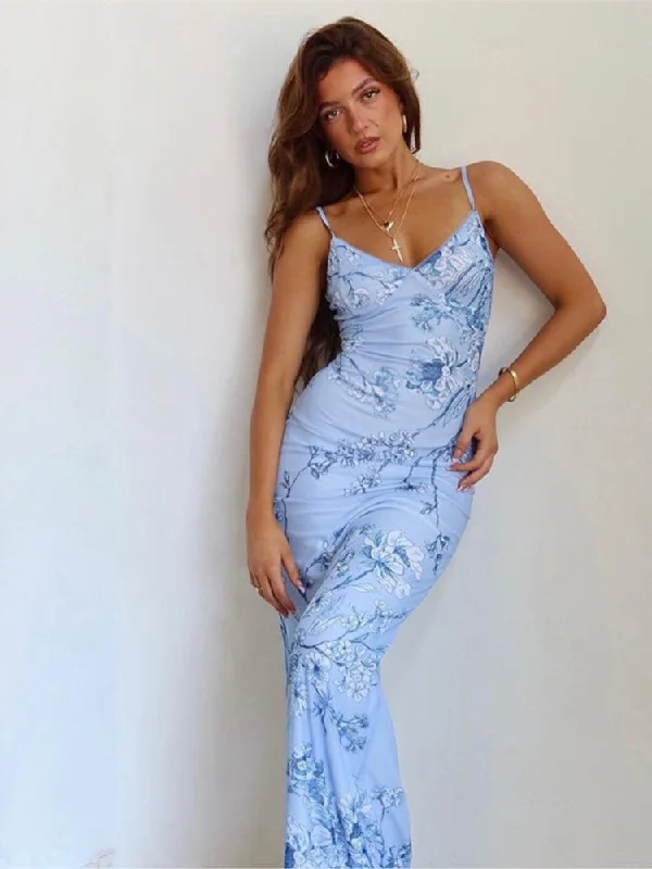Zjkrl Sleeveless Floral Print Suspender Dress Women Fashion V-neck Slim Maxi Dresses 2023 Summer Chic Female Beach Party Club Robe Fashionable Maxi Dress with Fringe