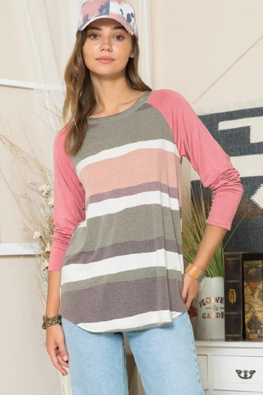 Full Size Striped Long Sleeve T-Shirt Graphic Embroidered Appliqued