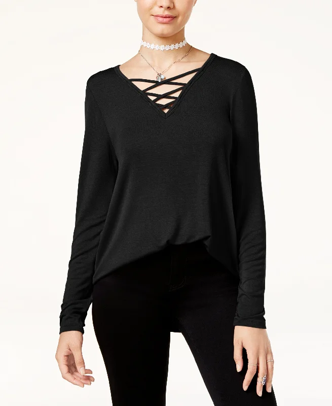 Hippie Rose Juniors Long Sleeve Lace Up Cozy T-Shirt Mesh Blend Leather Blend Suede Blend