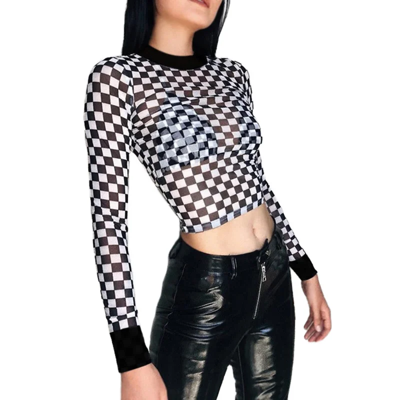 Hot Women's Long Sleeve Plaid Mesh Top / Transparent Tees with Checkerboard Pattern in Grunge Style Ribbed T-Shirt High Neck Heavyweight Hot Women's Long Sleeve Plaid Mesh Top / Transparent Tees with Checkerboard Pattern in Grunge Style Ribbed T-Shirt High Neck Heavyweight