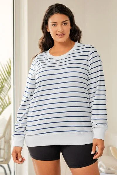 Plus Size Striped Long Sleeve T-Shirt Handmade Hand-knitted Hand-woven