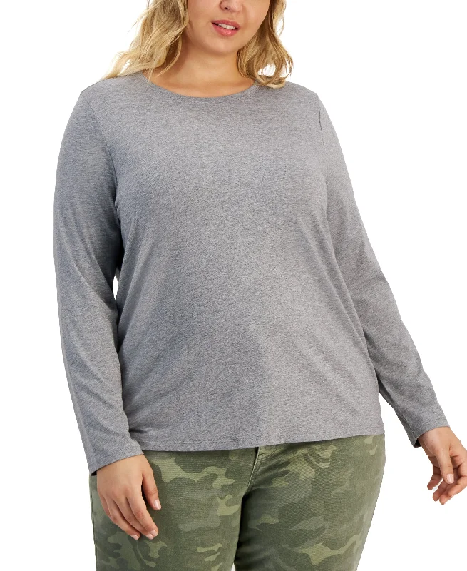 Style & Co Plus Size Heathered Long Sleeve T-Shirt Welt Pockets Slit Pockets Flap Pockets